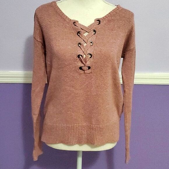 American Eagle Boho Lagenlook Mauve Shoelace Neck Long Sleeve Oversized Sweater - Picture 1 of 10